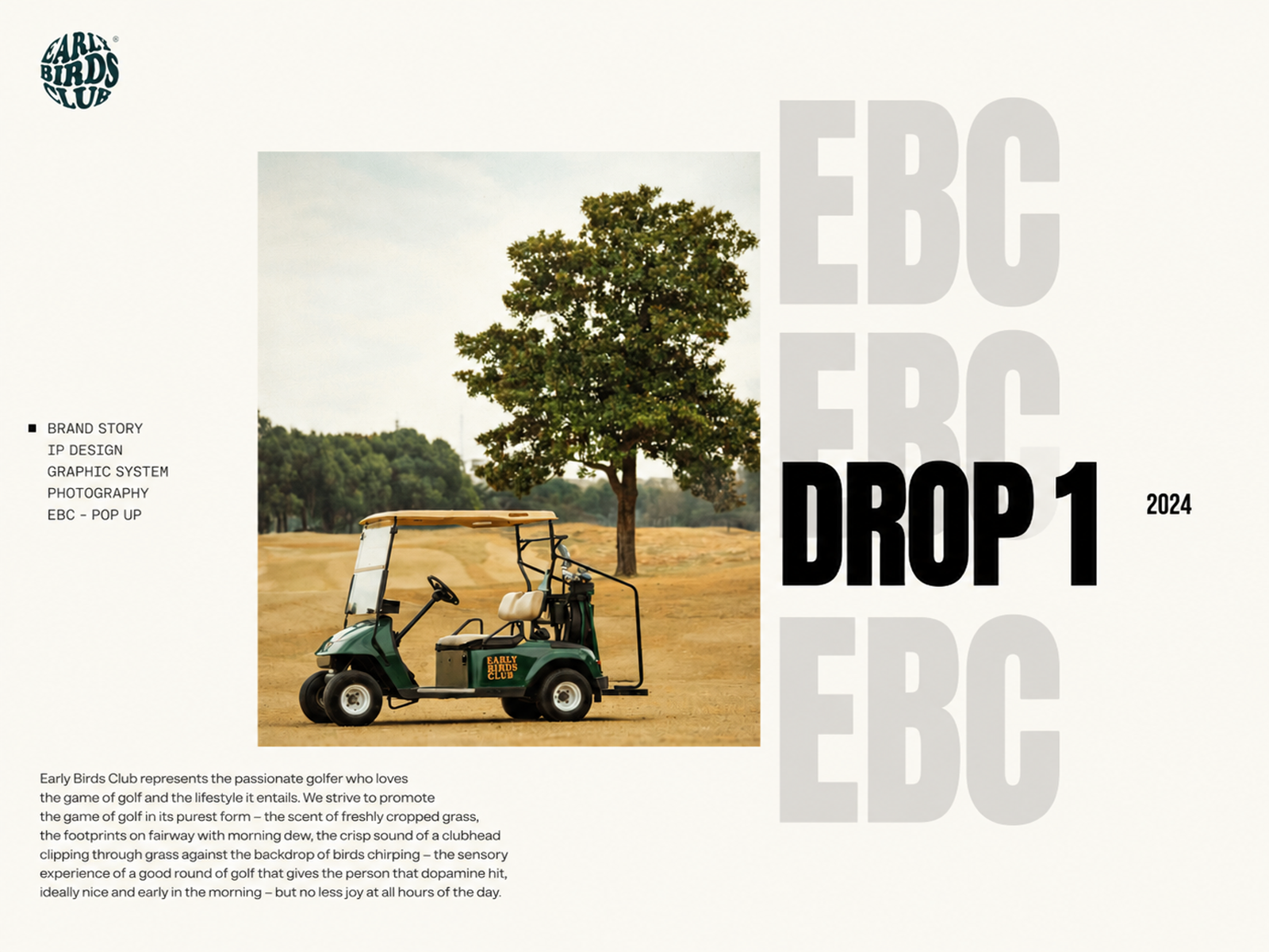 Early Birds Club editorial cover: EBC logo, golf cart photography, DROP 1 and 2024