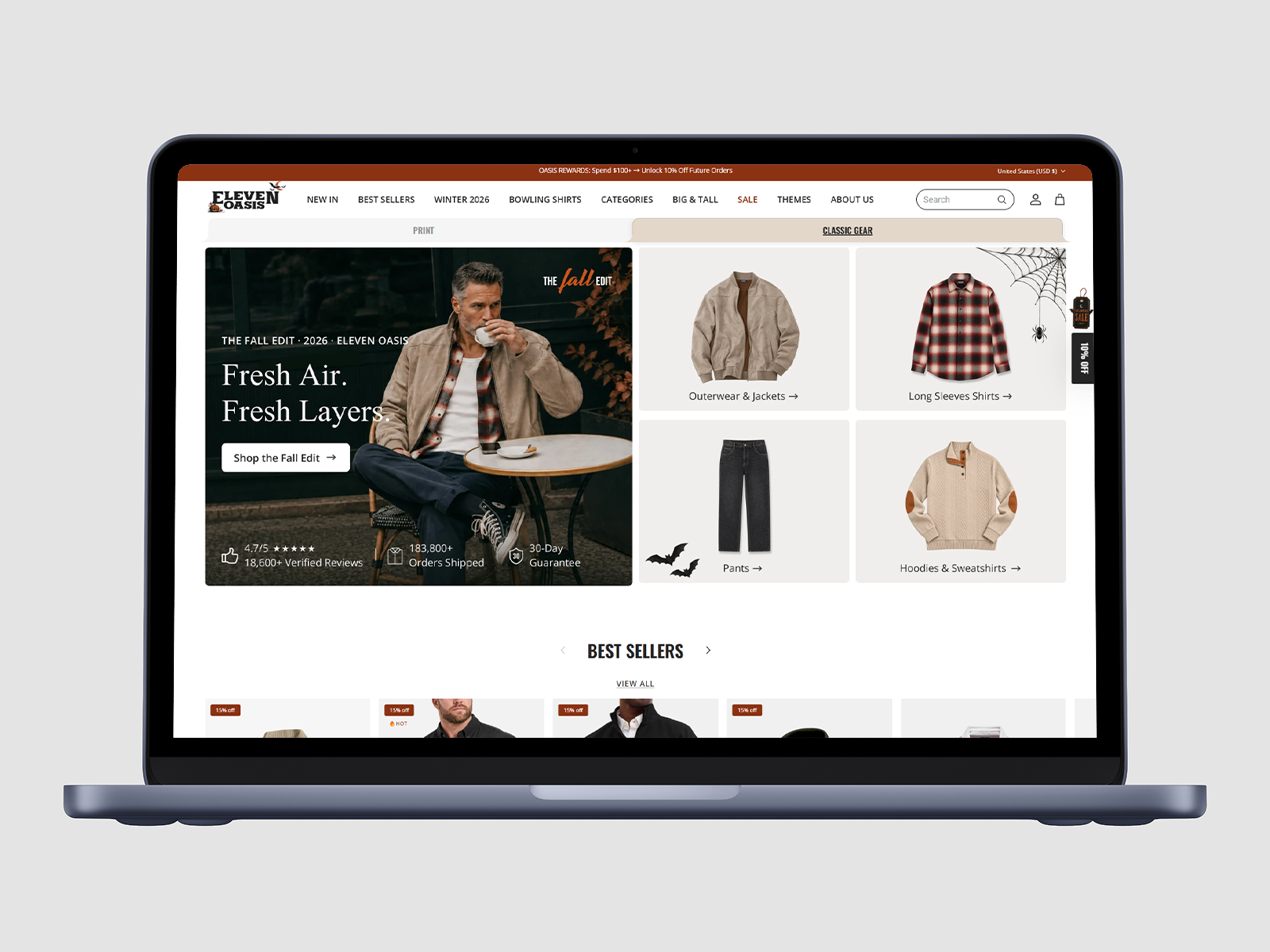 Eleven Oasis e-commerce website displayed on a MacBook