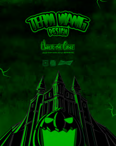 Neon green castle illustration with the pumpkin IP and campaign typography